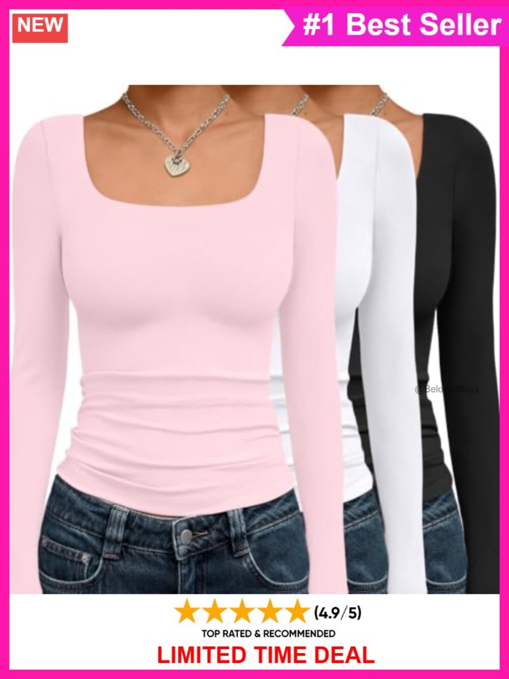 Long Sleeve Scoop Neck Crop Top - 3 Pack Slim Fit Y2K